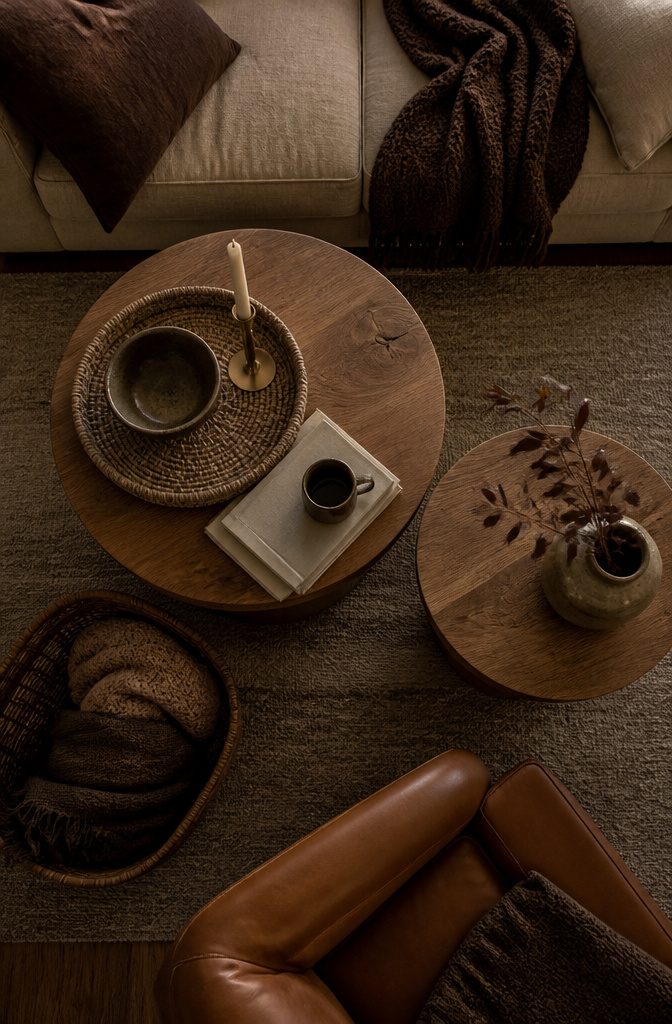 Coffee table with hand-thrown bowl, woven tray and linen-bound books
