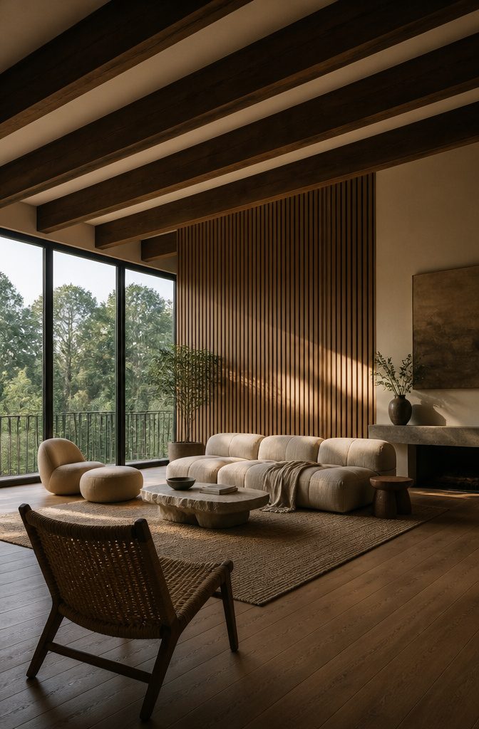 Exposed dark wood ceiling beams against light living room walls