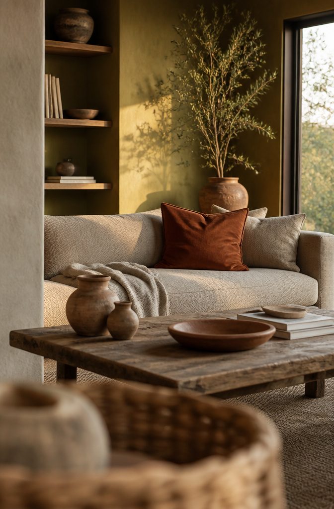 Olive living room wall beside a taupe sofa with rust cushion and clay pottery