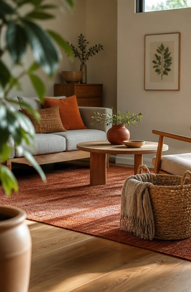 Terracotta rug beneath a warm-gray sofa and natural oak chair with rust cushions