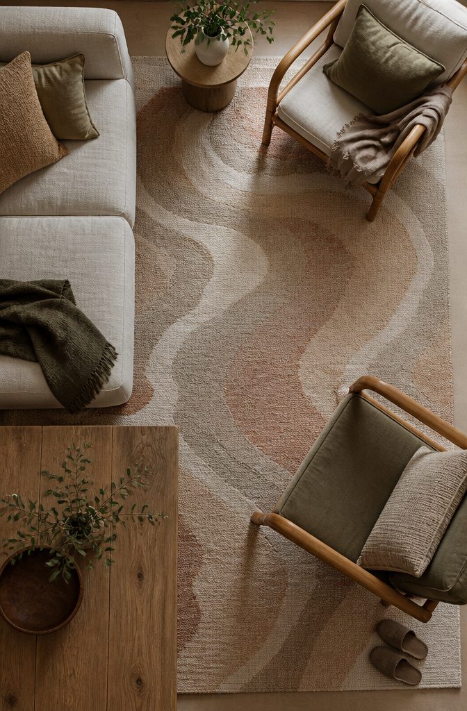 Textured area rug extending beneath the front legs of living room seating