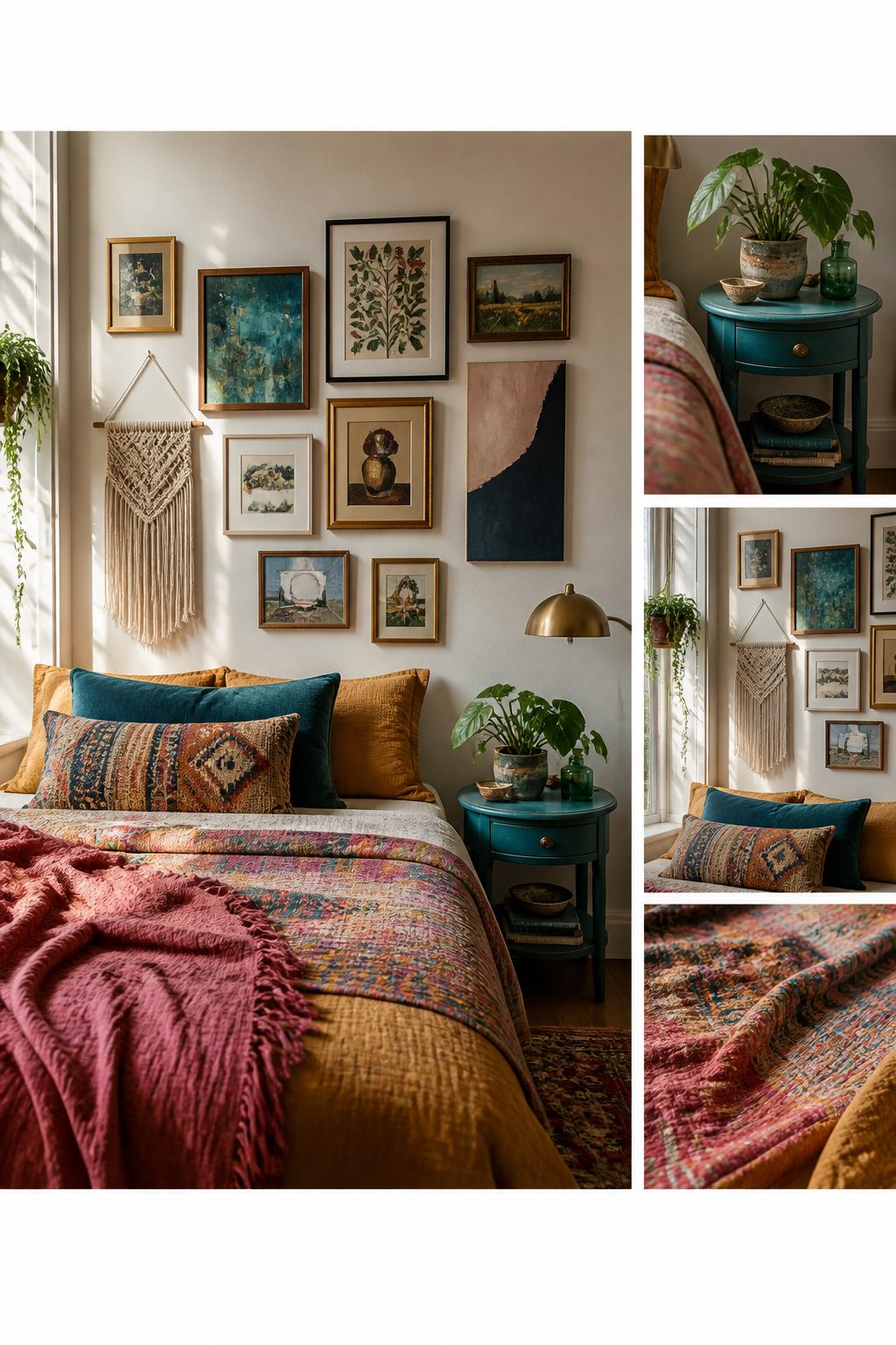An eclectic bedroom featuring a gallery wall and handmade accessories.