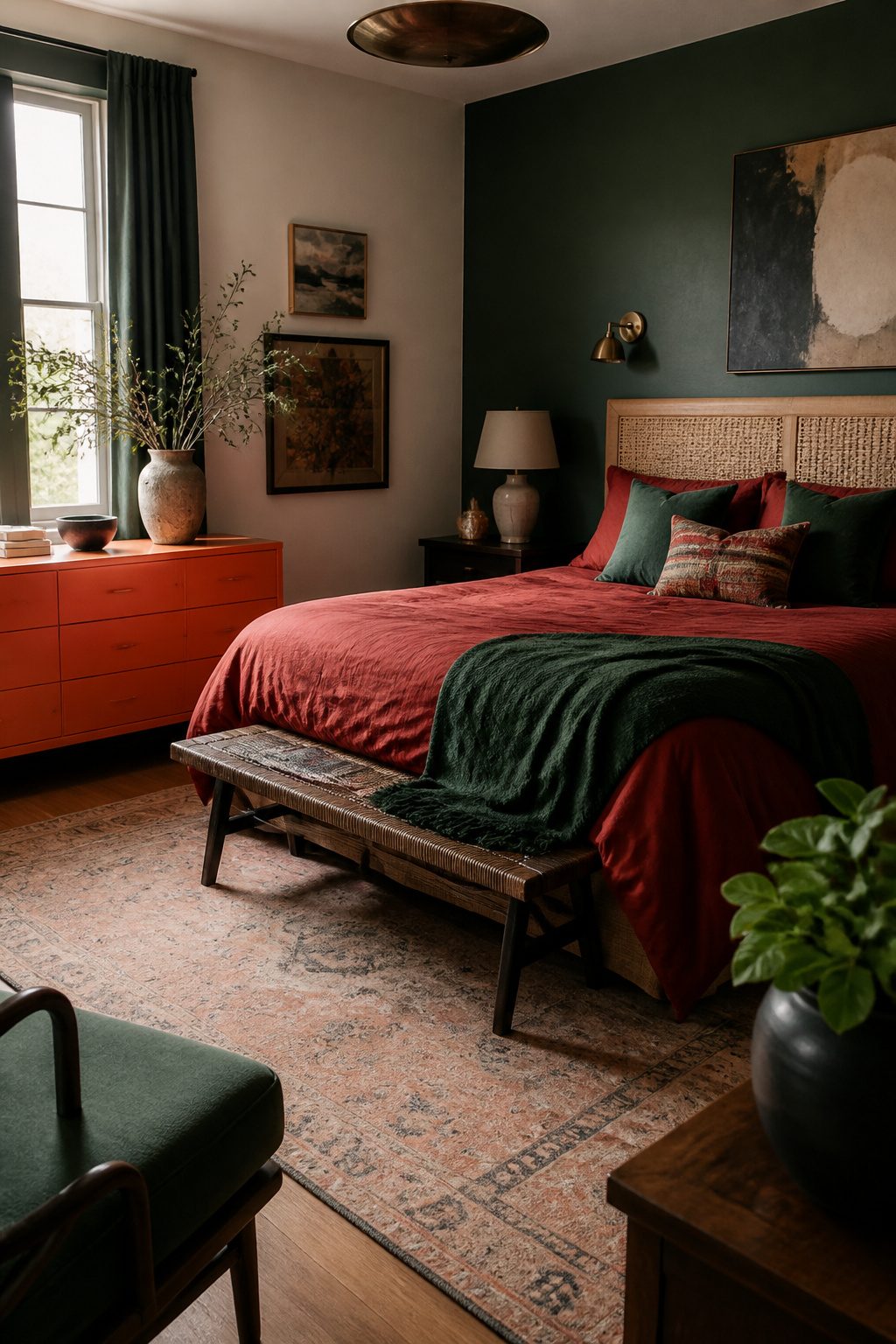 A vibrant bedroom with emerald walls, red bedding, and an orange credenza.