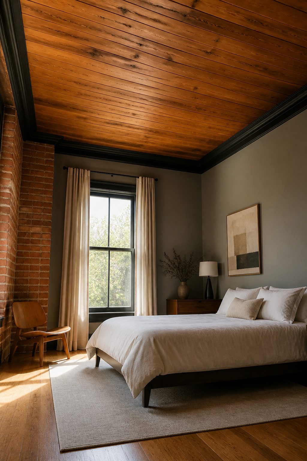 An eclectic bedroom ceiling decorated with floral wallpaper.