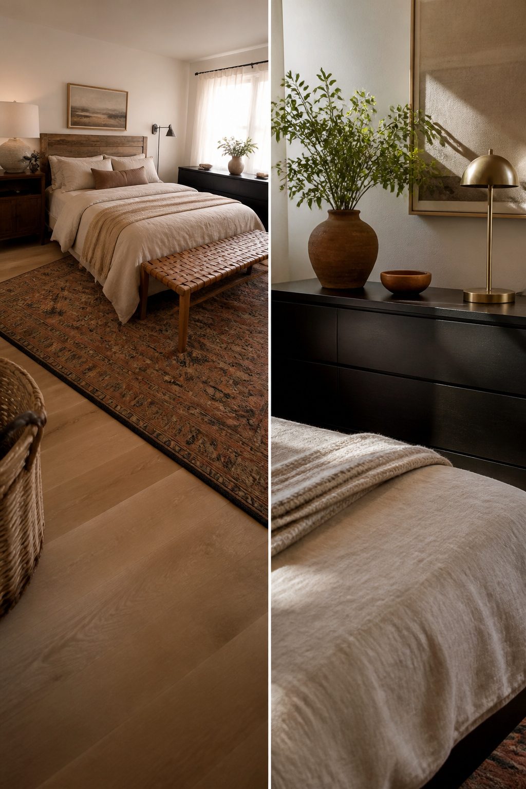 An eclectic bedroom with a vintage bed next to a modern dresser.