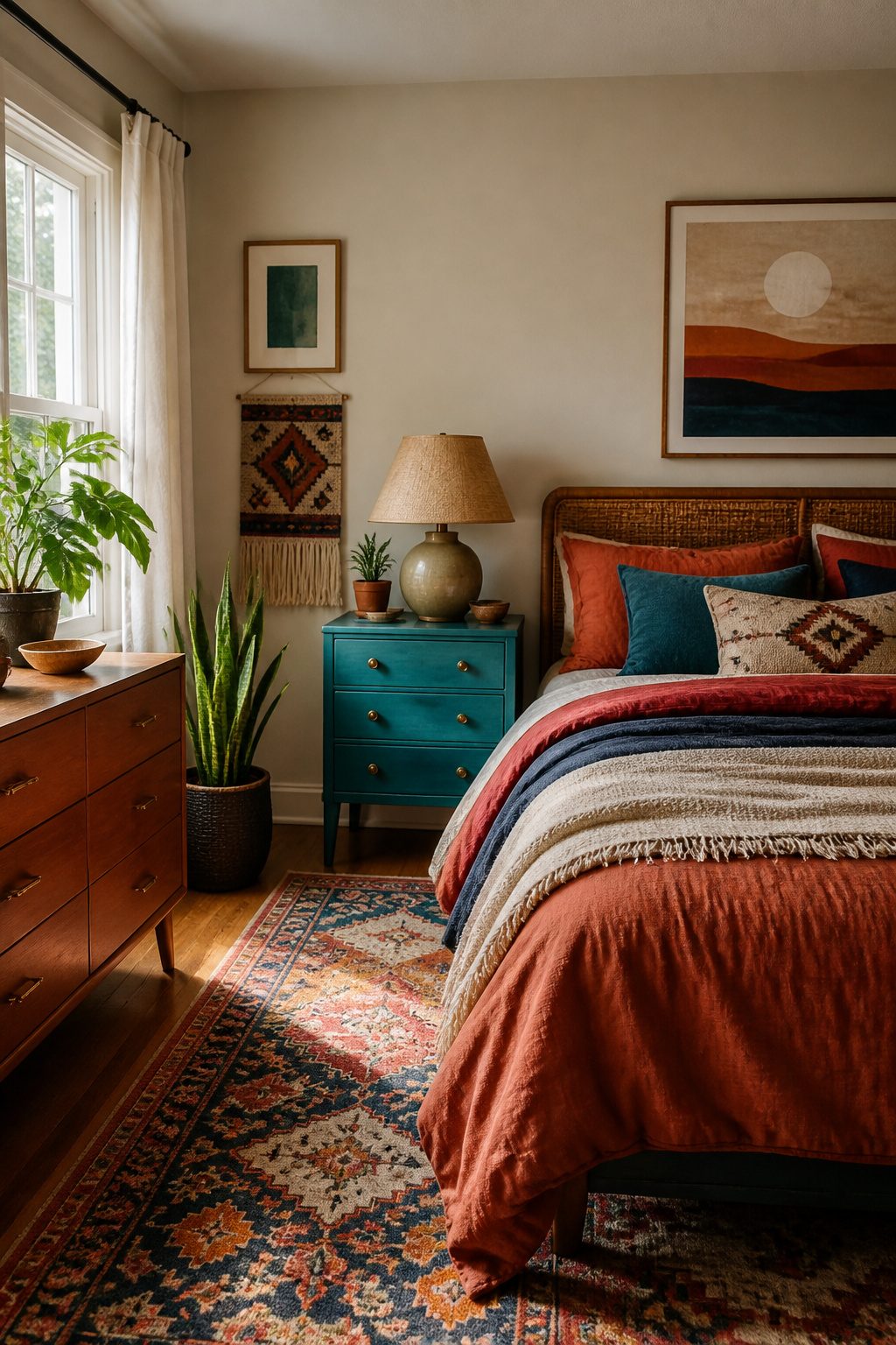 An eclectic bedroom with a harmonious color scheme and layered textiles.