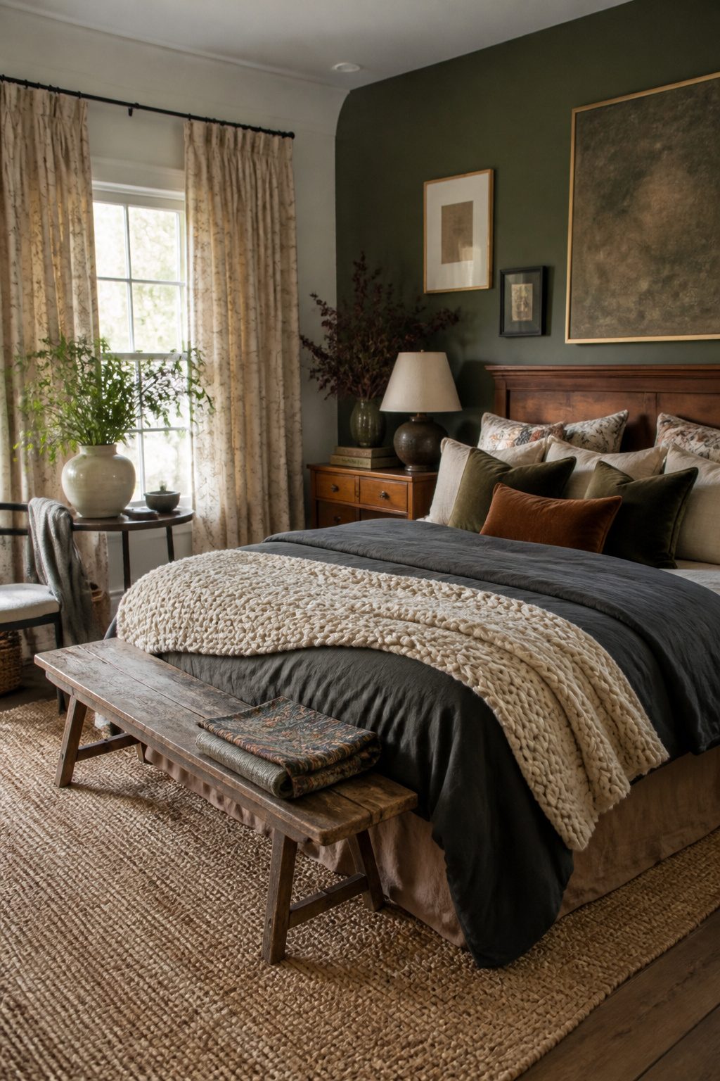 A cozy bed layered with various textures, including knit throws and velvet cushions.