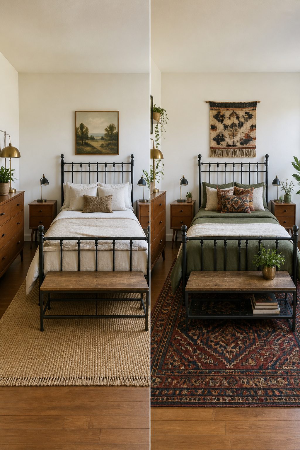 An eclectic bedroom featuring a forged iron bed frame and mid-century nightstands.
