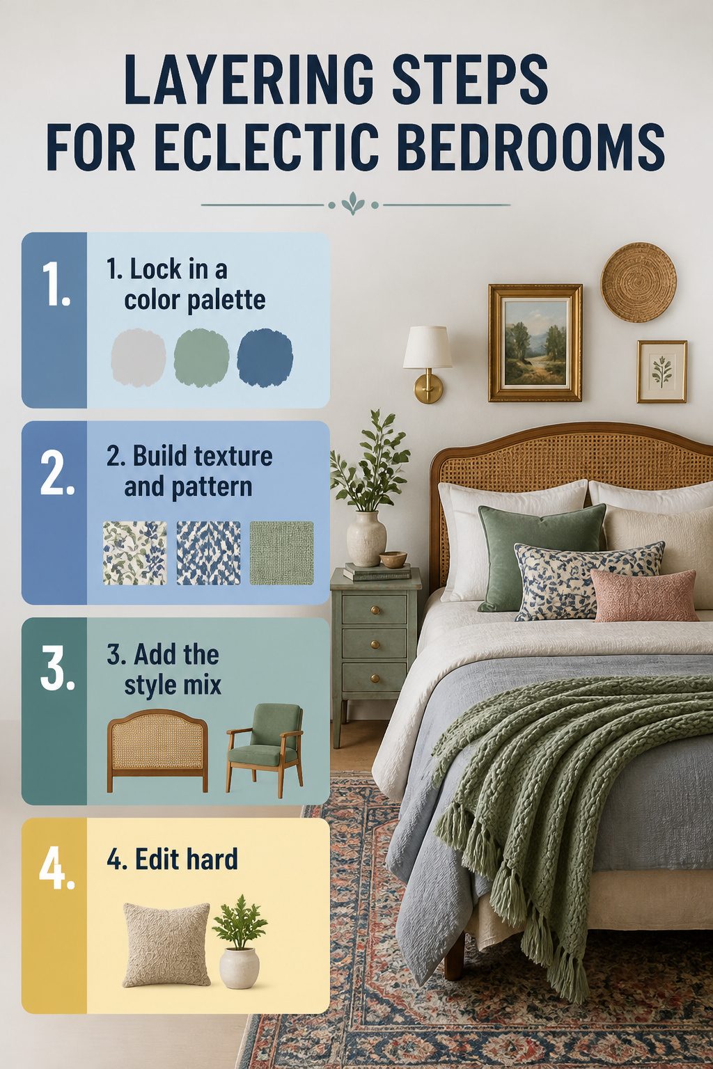 An image illustrating steps for layering an eclectic bedroom.
