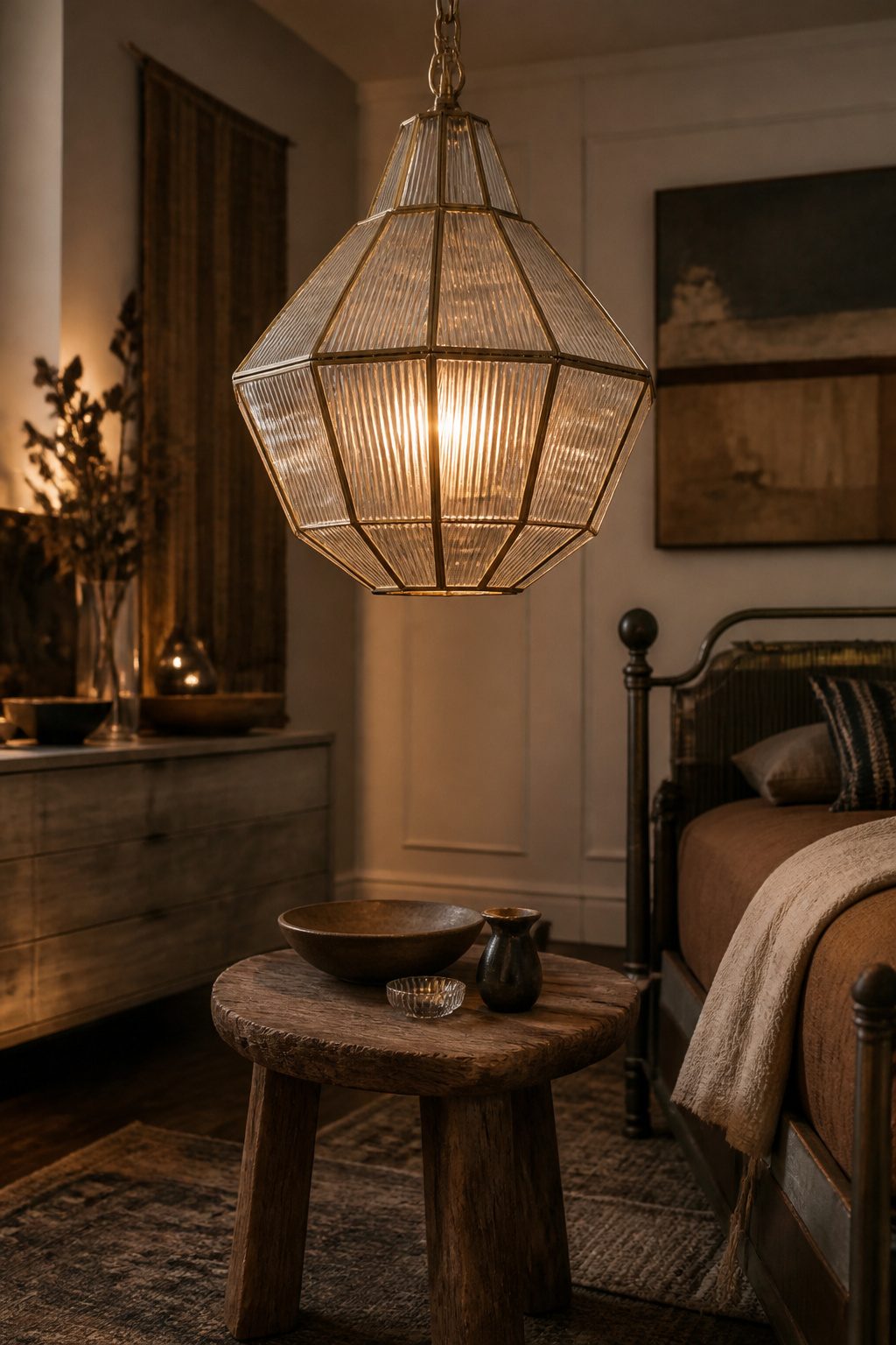 A unique chandelier in an eclectic bedroom, providing warm illumination.