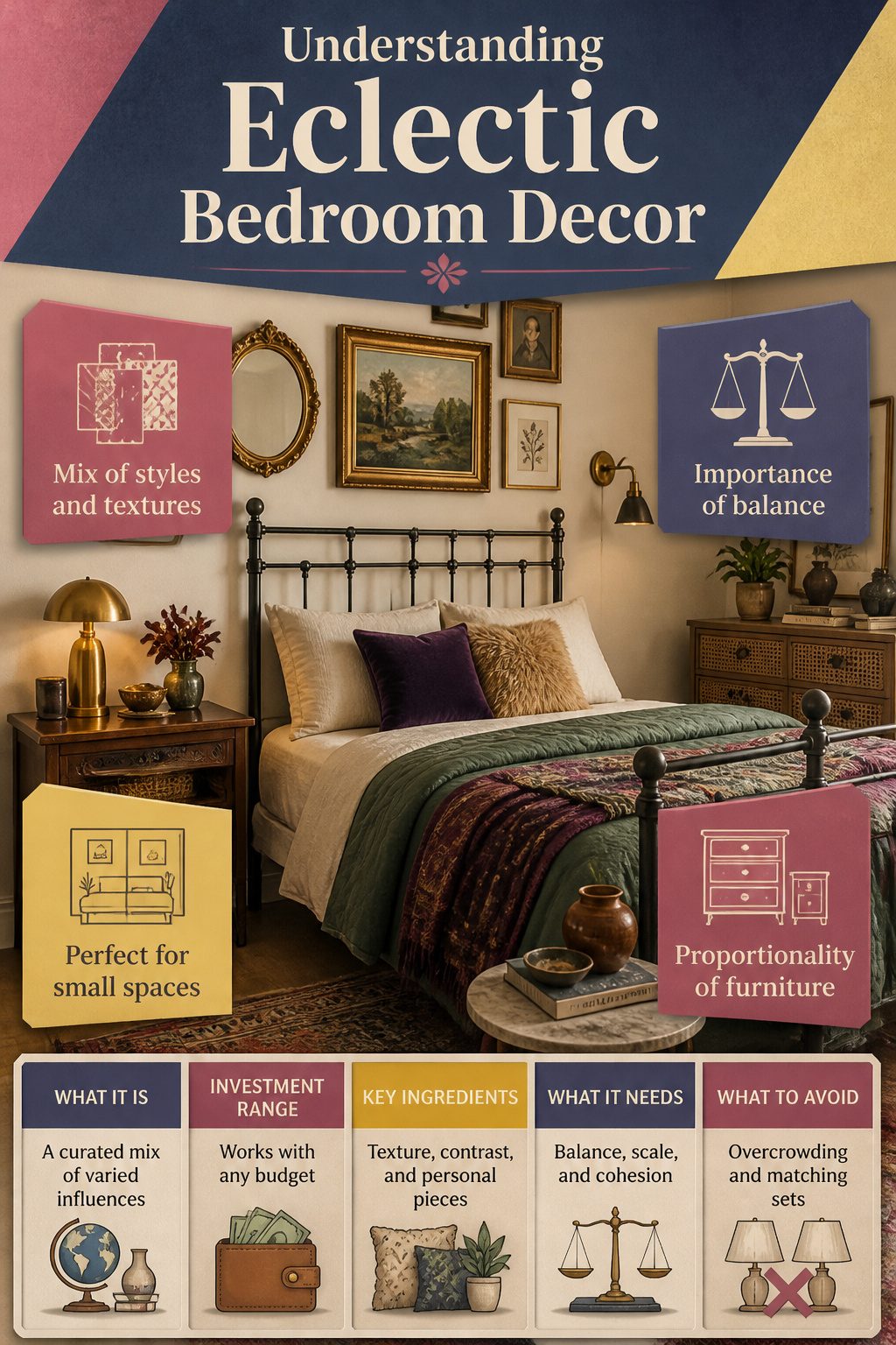 An information image explaining eclectic bedroom decor principles.