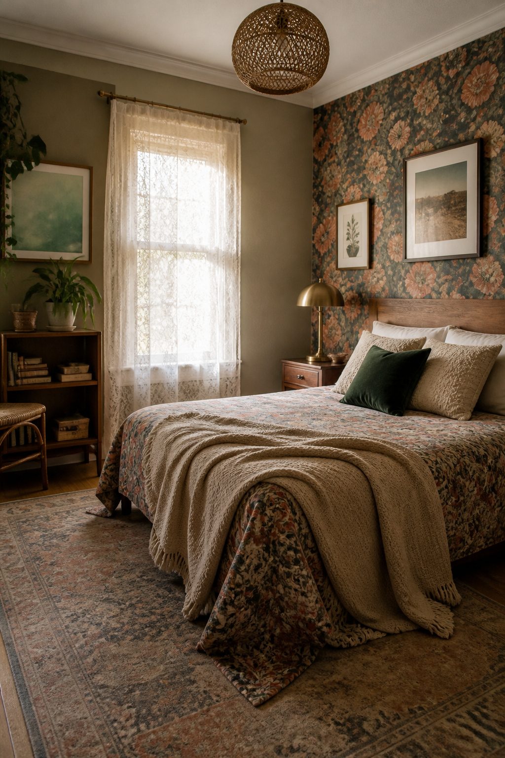 An eclectic bedroom showcasing layered textures and bold patterns.
