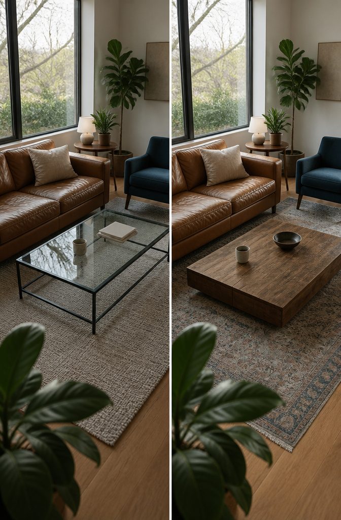 Glass coffee table beside worn leather sofa in a low seating area