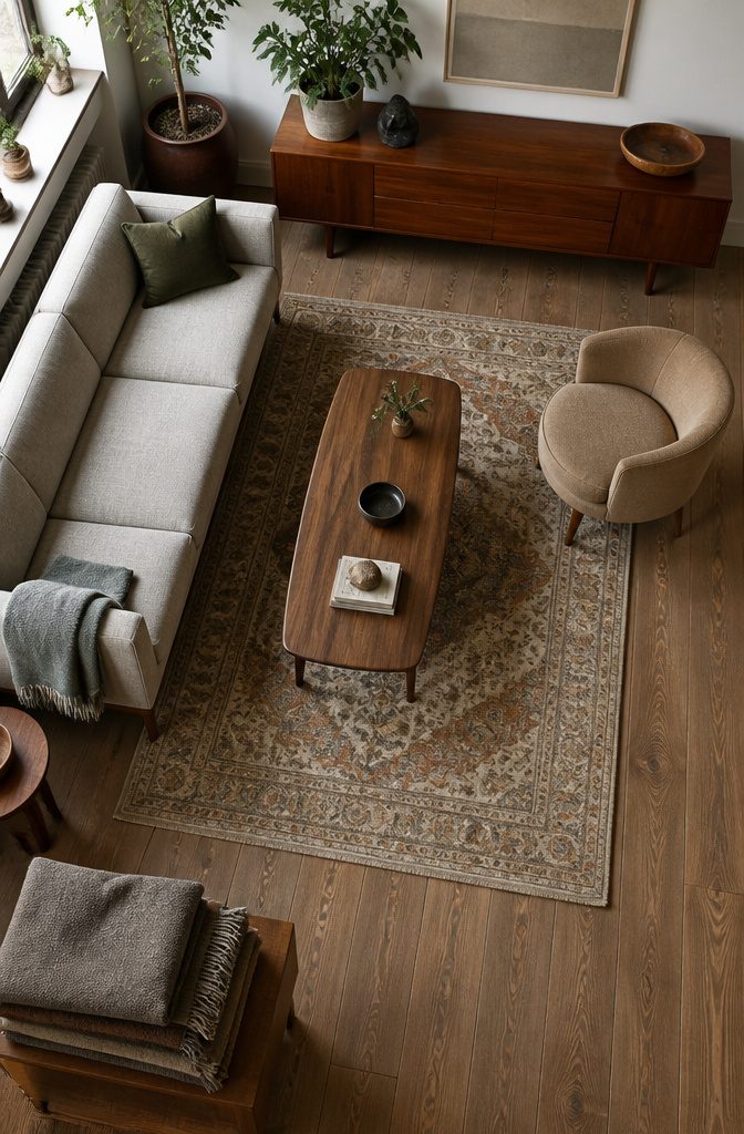 Streamlined sofa beside low credenza and rounded accent furniture