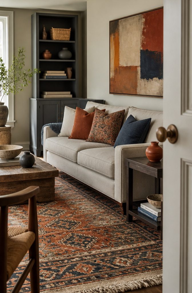 Living room with terracotta pillows artwork and rug against neutral colors