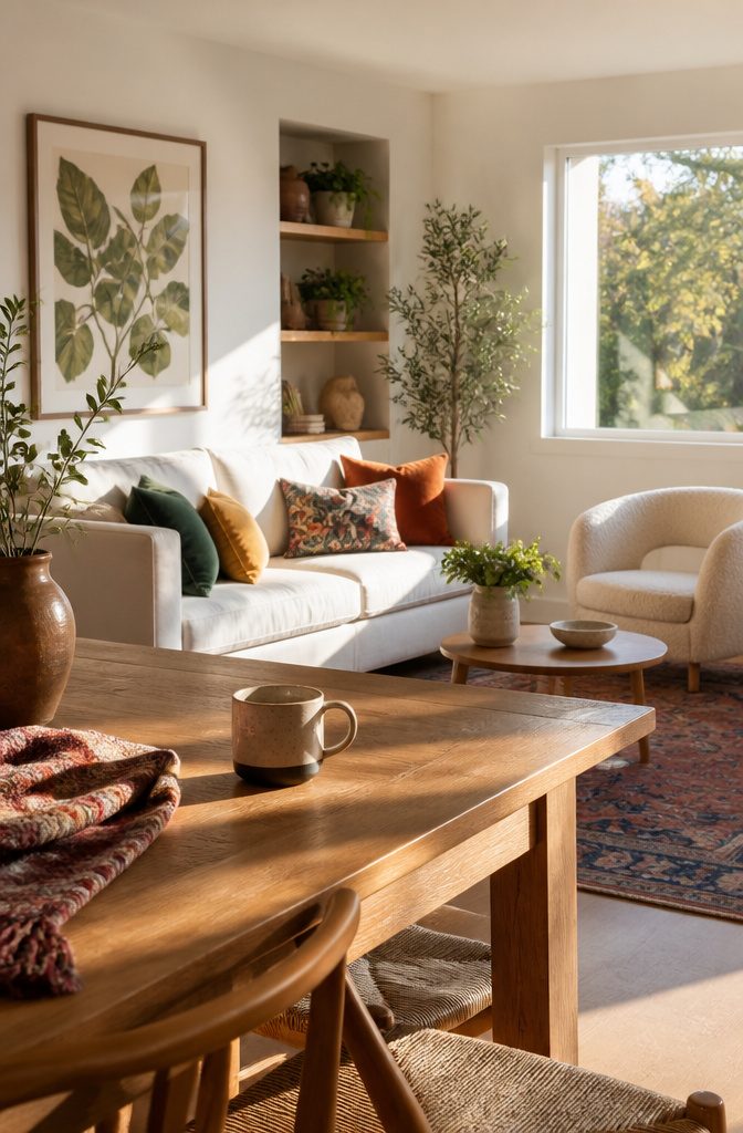 White sofa cream armchair and oak table in a neutral living room