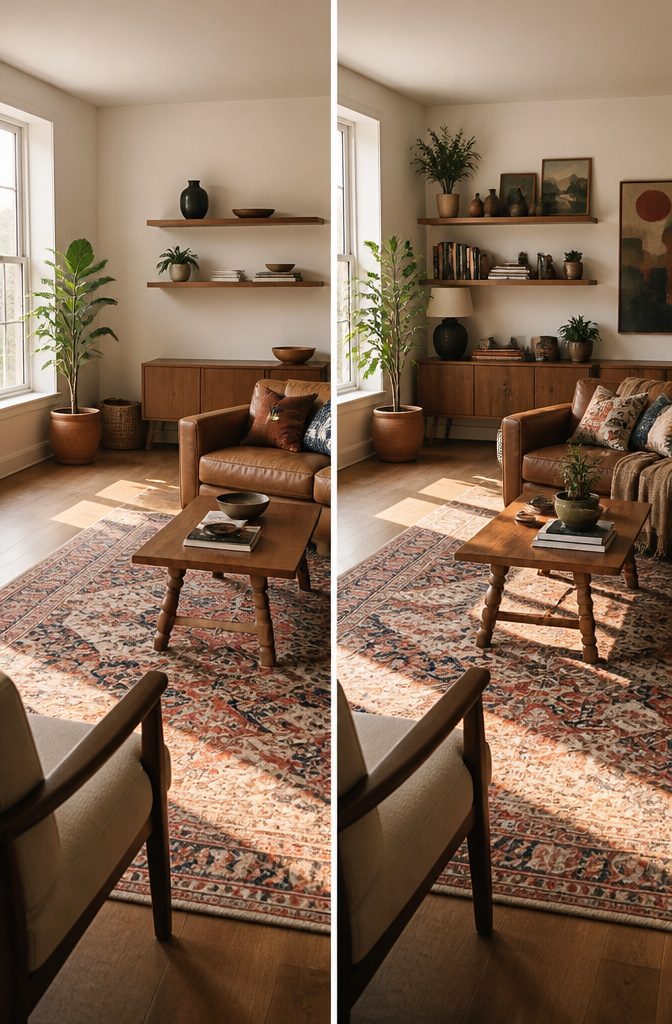 Living room with vintage art mixed furniture and open floor space