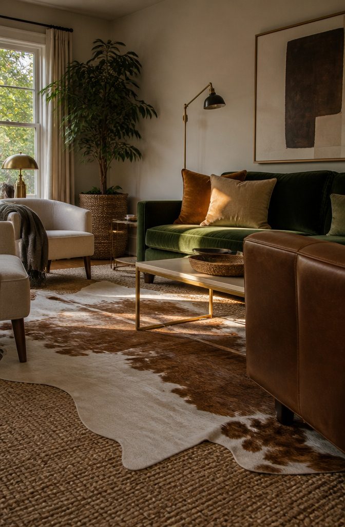 Cowhide rug over jute with linen chairs leather accent and velvet sofa