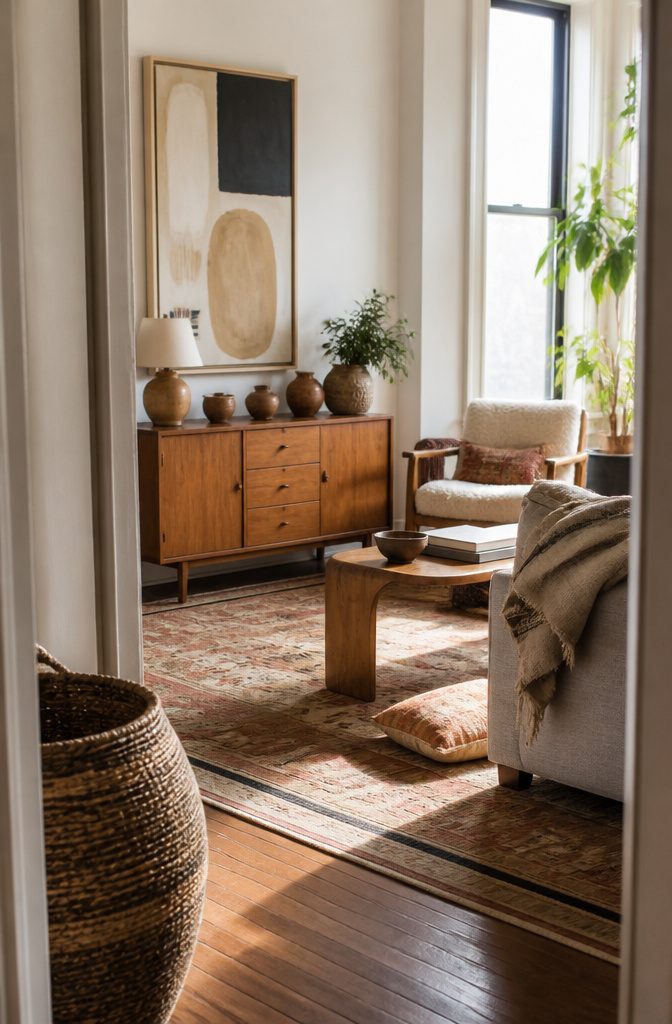 Vintage cabinet upholstered chair woven throw and travel-found pottery