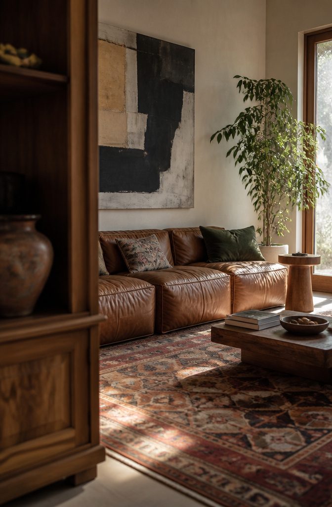 Brown leather sofa with vintage rug wood cabinets and bold wall art