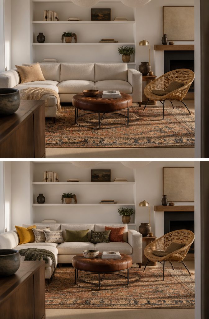 Modern sectional beside a rattan chair and brass floor lamp