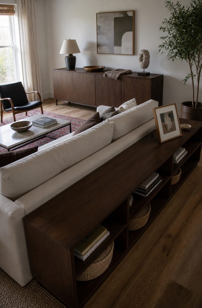 Low sideboard with closed doors lamp vintage tray and sculptural object