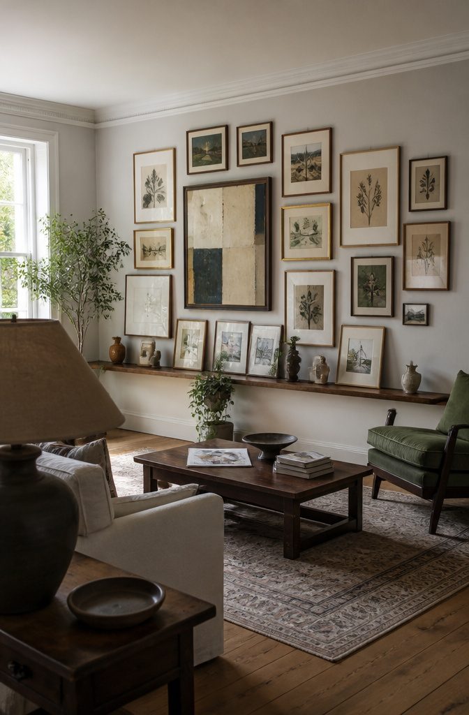 Gallery wall with mismatched frames artwork and varied picture sizes