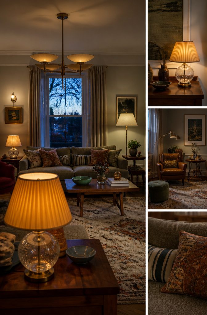 Living room with floor lamp and table lamps beside sofa