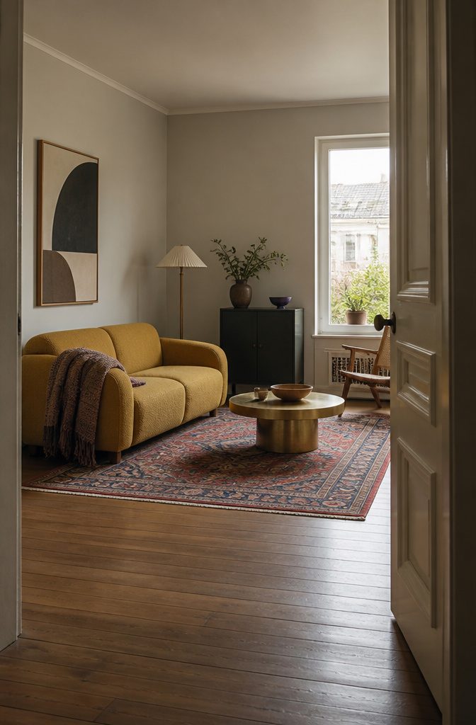 Small living room with standout sofa bold rug and clear floor space