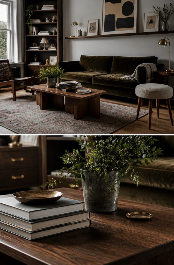 Living room with brass lamp bases picture frames and drawer pulls