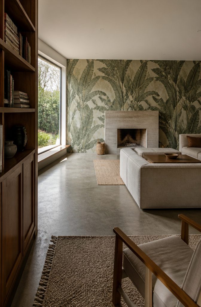 Living room wall with large botanical wallpaper and architectural paneling