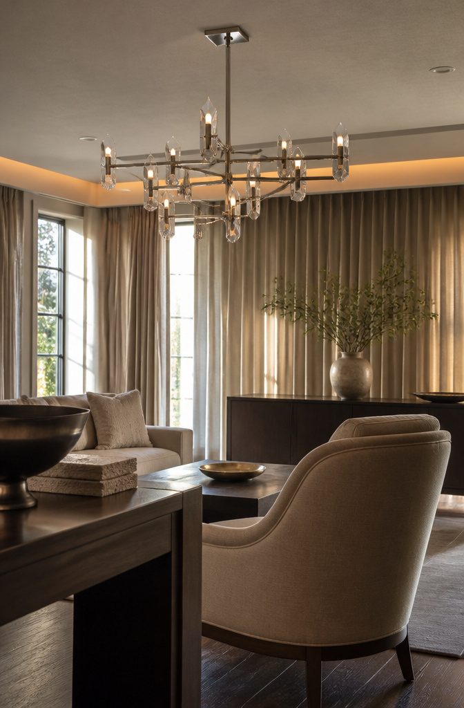 Geometric chandelier with crystal elements above a living room seating area