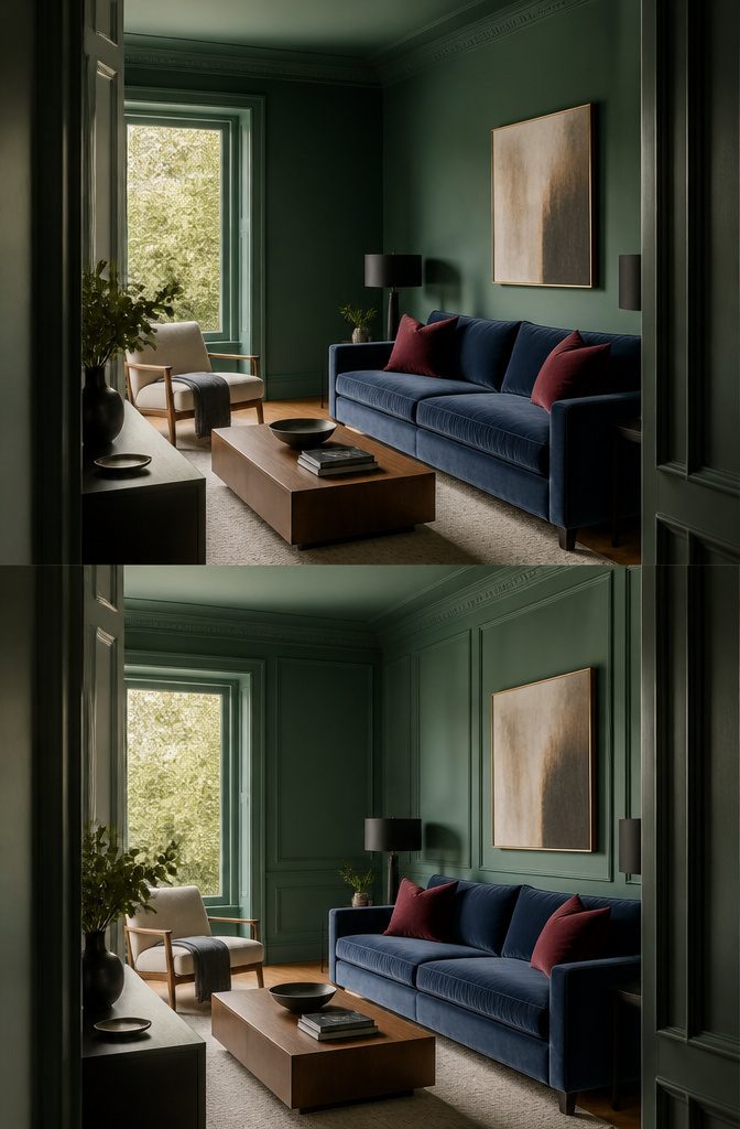 Living room in a restrained palette of ivory taupe and gray