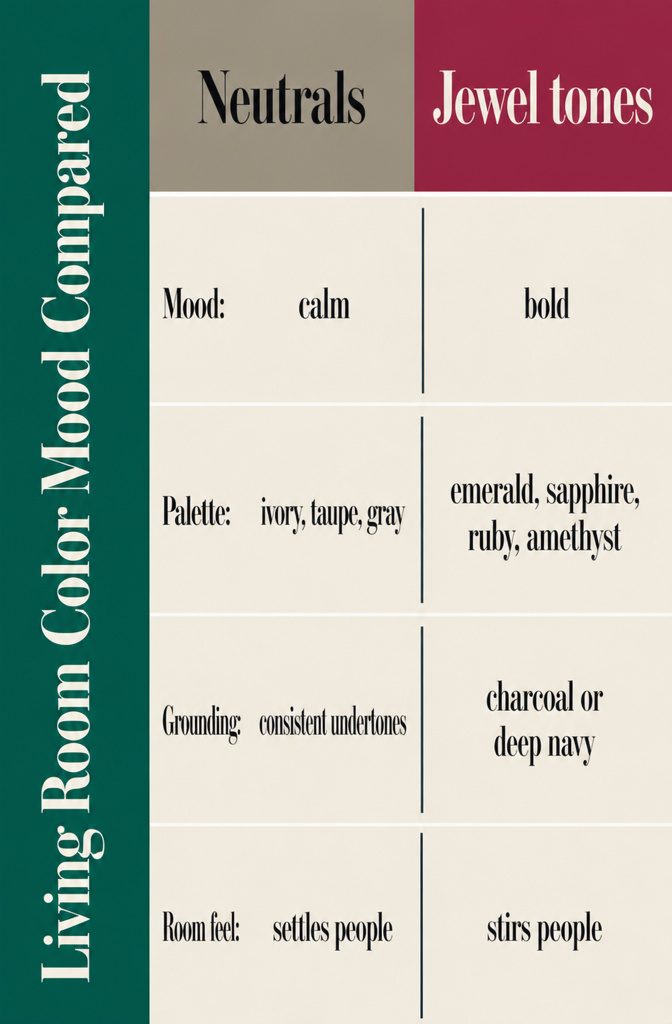 Living room color comparison with neutral tones and saturated jewel shades