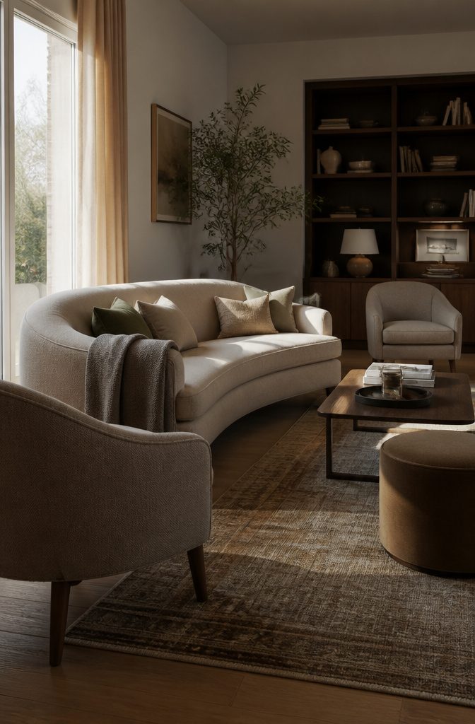 Curved sofa with 2 upholstered chairs low coffee table and compact ottoman
