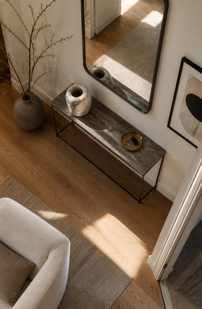 Slim console table beneath a statement mirror with a few accessories