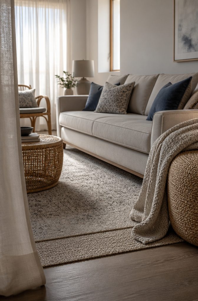 Flatweave and patterned rugs beneath a linen sofa with mixed cushions and wool throw