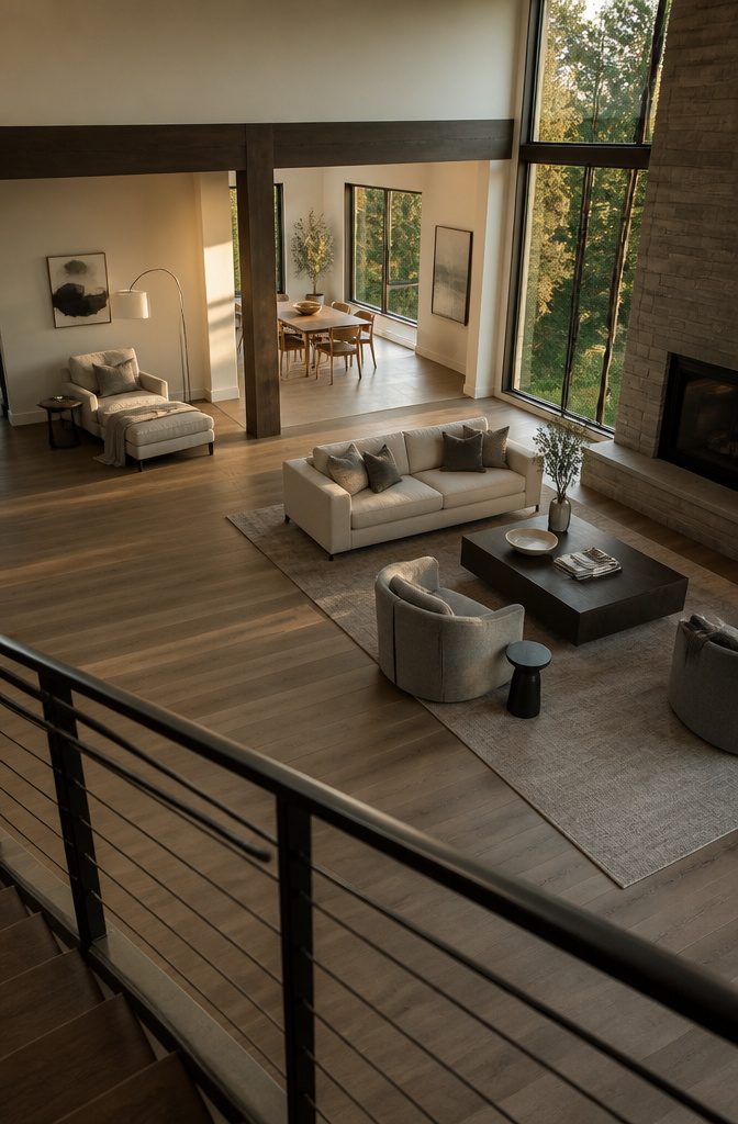 Living room with distinct seating zones and comfortable upholstered furniture