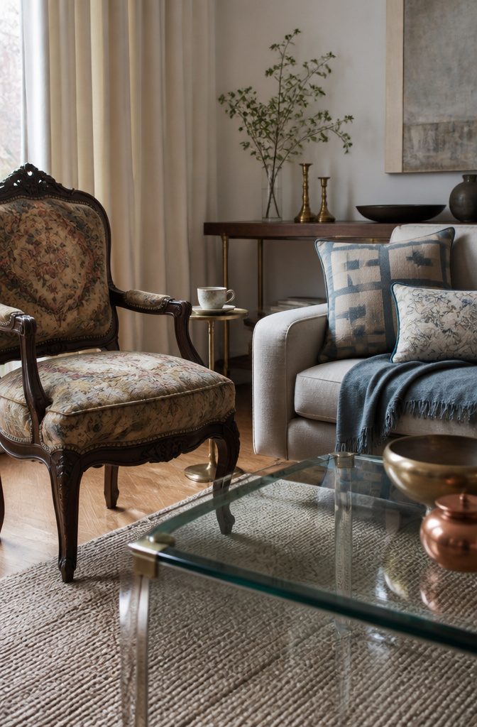 Carved antique armchair opposite a glass coffee table with patterned cushions nearby