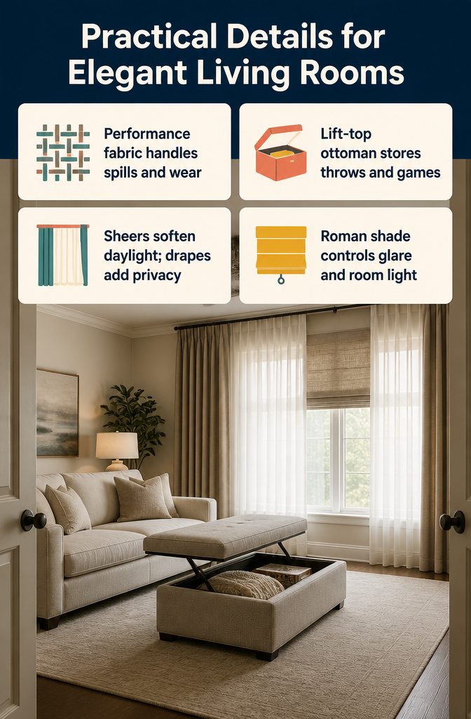 Living room with modular storage ottomans sheer panels and heavier drapes