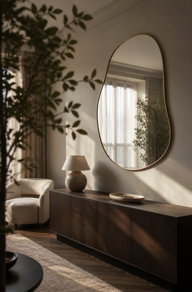 Sculptural wavy mirror above a living room console
