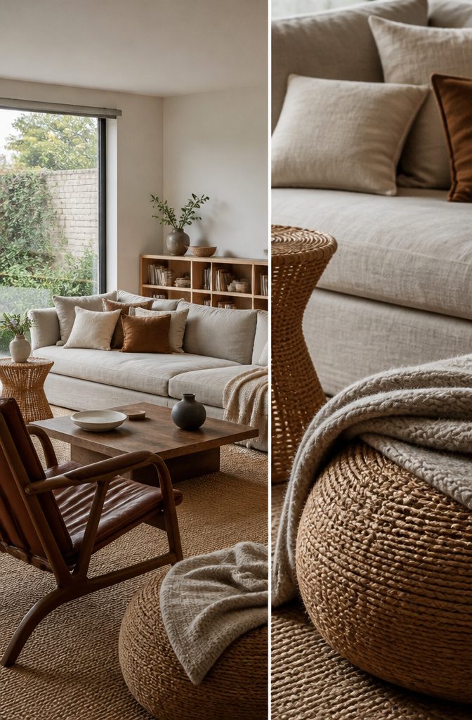 Linen sofa beside jute rug wool throw and rattan side table