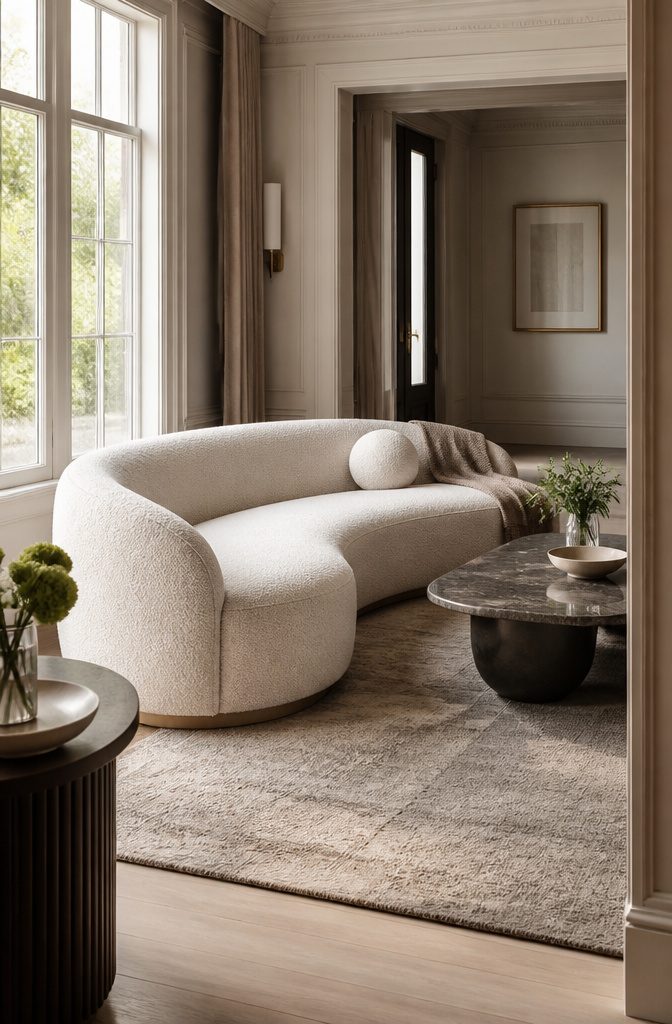 Living room sofa with a distinctive silhouette as the room's focal point