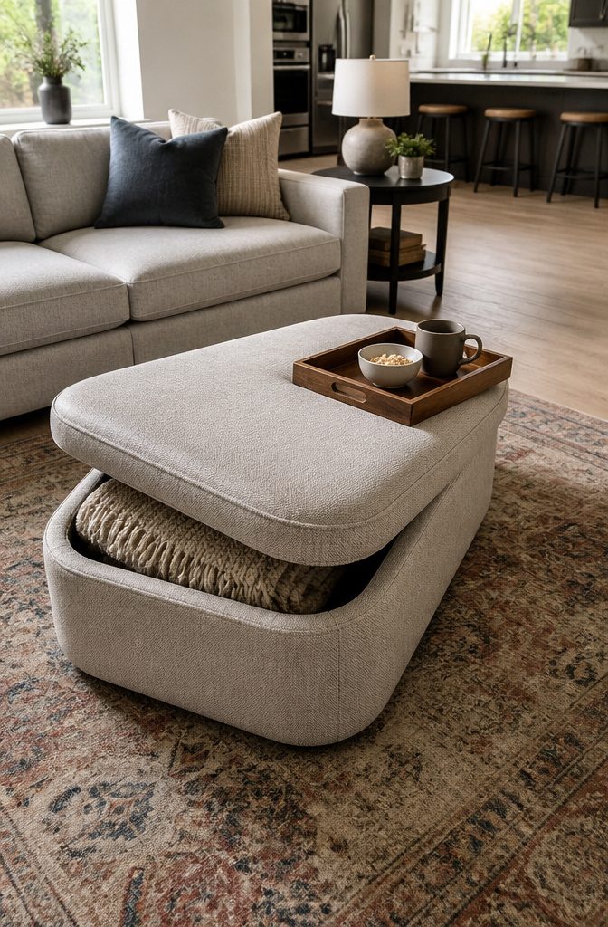 Upholstered ottoman topped with a tray holding drinks and snacks
