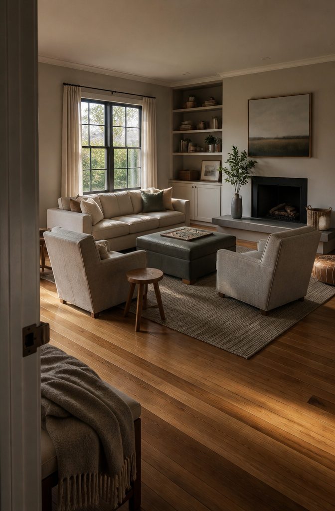 Family room seating with a sofa and 2 armchairs arranged for flexible use