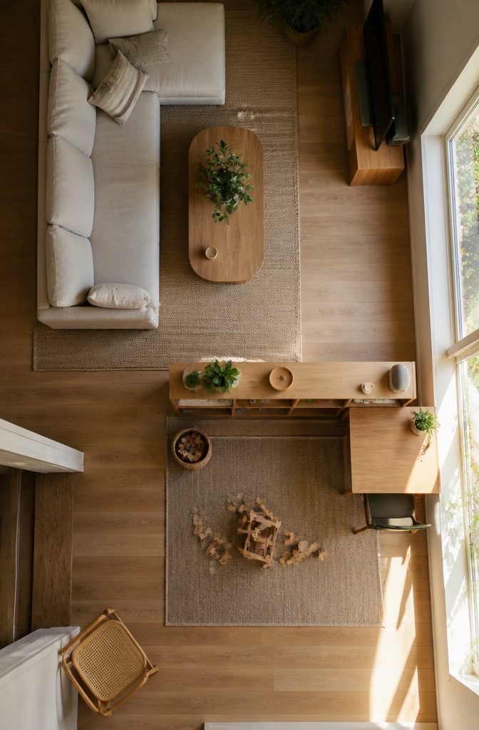 Family room with one rug beneath the sofa and another under a children’s play area