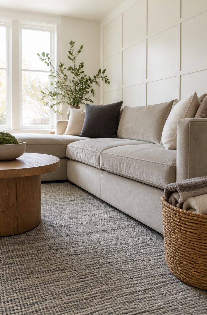 Family room with velvet sofa upholstery, eggshell walls, low-pile rug, and blanket basket