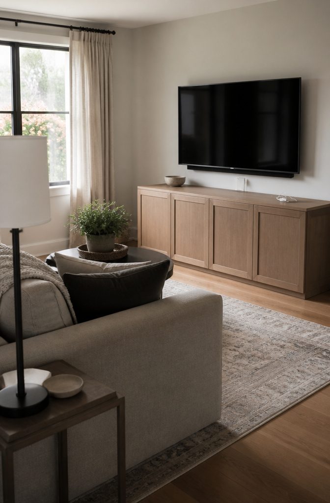 Television mounted above a low cabinet with concealed cords and a nearby sofa