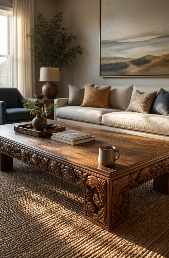 Carved wood coffee table centered among family room seating