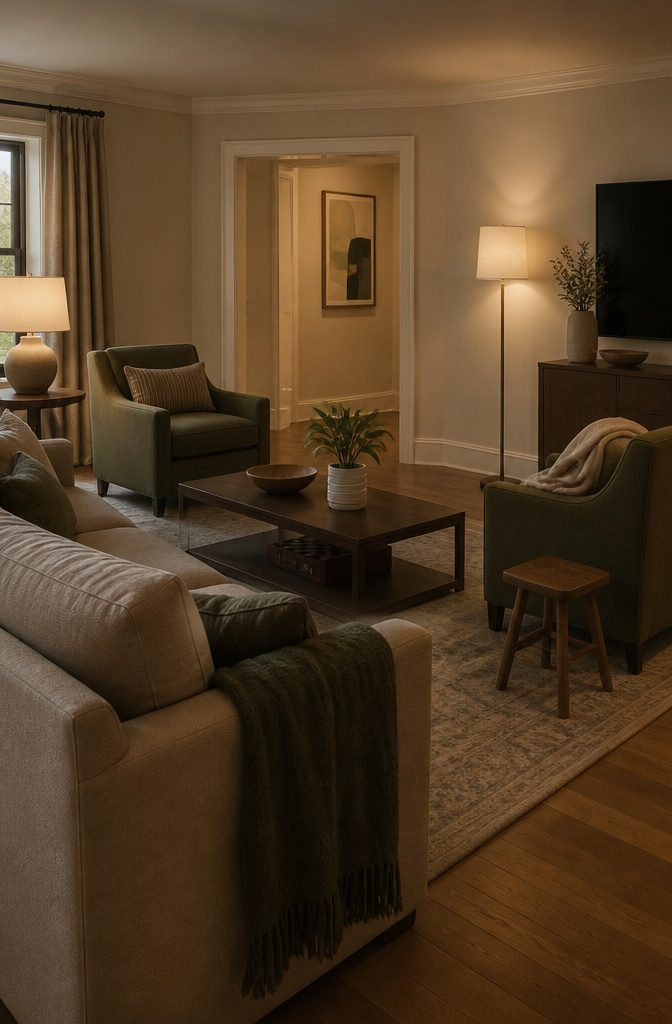 Sofa and armchairs arranged around a coffee table to face one another